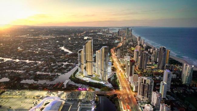 The Star Gold Coast Masterplan Development (viewed from the South) at its island site at Broadbeach where two existing towers will be joined by Tower 1 starting construction in August and a proposed further four towers