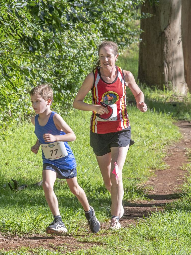 Landon Broksch came first in the 2km followed by his mother Margaret Broksch. Top of the Range adventure trail run at Picnic Point. Sunday, April 2, 2023. Picture: Nev Madsen.