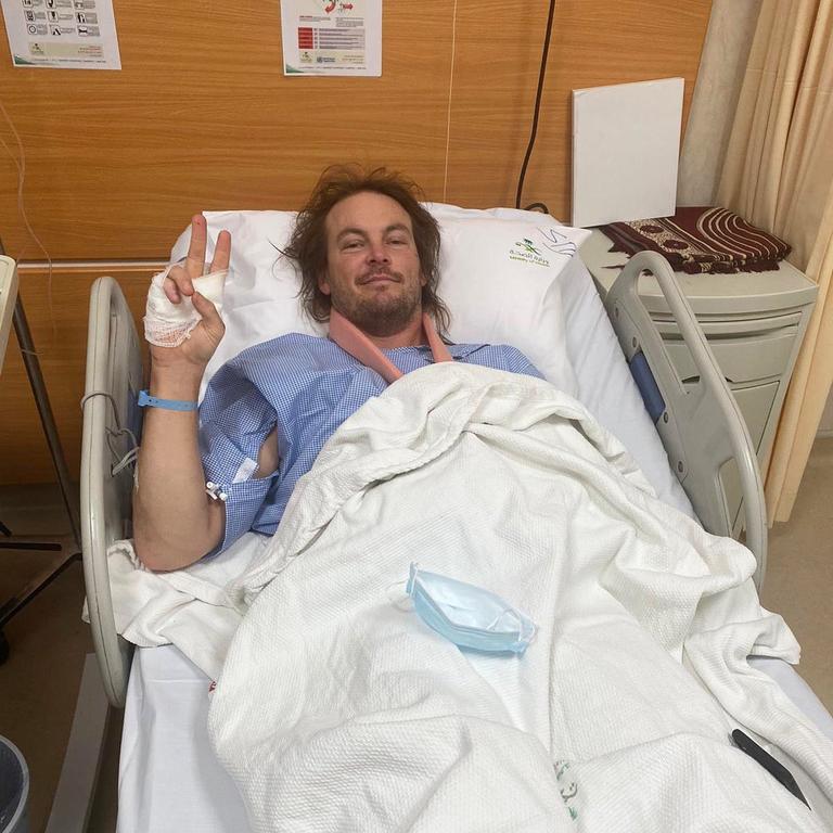 Australian motorcycle racer Toby Price pictured in hospital after his crash in the 2021 Dakar Rally. Picture: Twitter/@tobyprice87