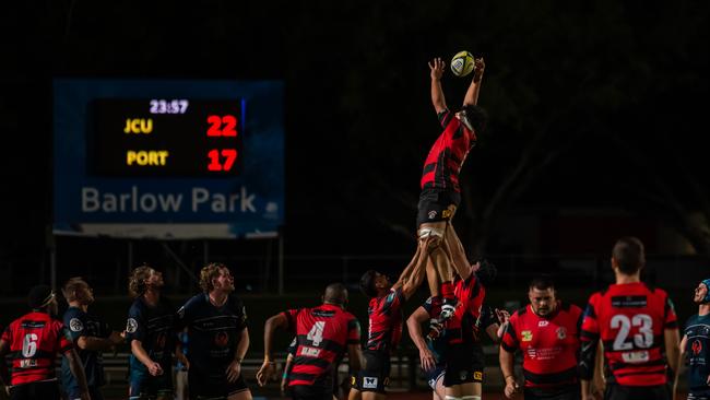 JCU Mariners take on the Port Douglas Reef Raiders in the 2021 FNQ Rugby grand final at Barlow Park. Picture: Emily Barker