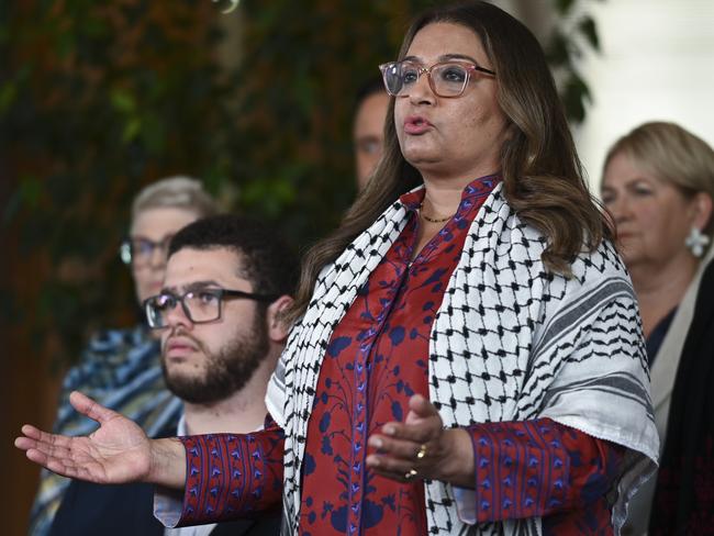 Greens senator Mehreen Faruqi was one of the guest speakers at the Palestinetoparliament protest in Canberra. Picture: Martin Ollman