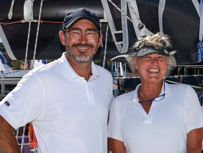 Daily Telegraph. 26, December, 2022.Campbell Geeves and Wendy Tuck on board, Speedwell, at the start of the 2022 Rolex Sydney Hobart Yacht Race, at the Cruising Yacht Club, Rushcutters Bay, Sydney, today. Picture: Justin Lloyd.