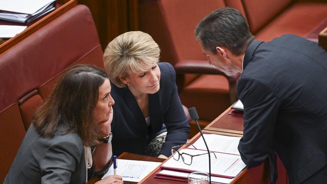 Senator Anne Ruston, Senator Michaelia Cash and Senator Simon Birmingham during Senate Question Time Parliament House in Canberra. Picture: NCA NewsWire / Martin Ollman