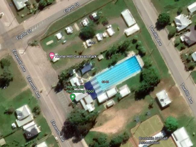 An aerial view of the Home Hill Swimming Pool and Caravan Park.