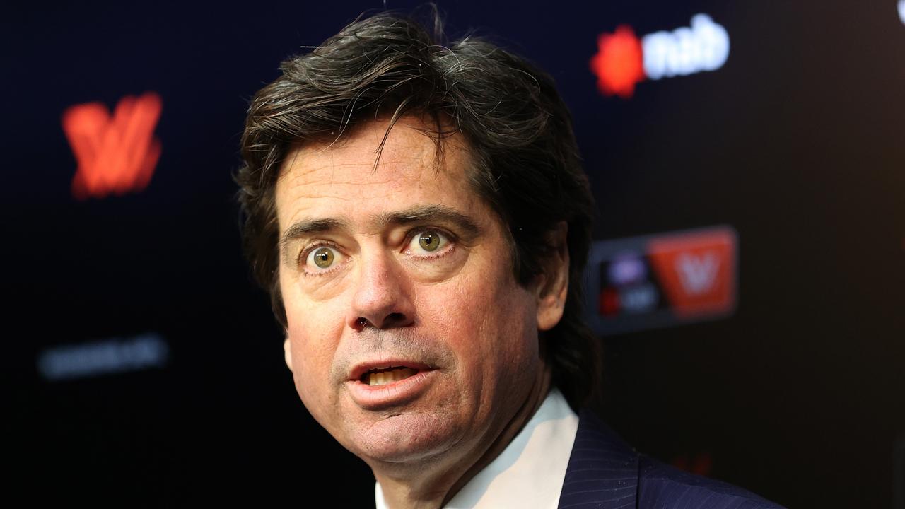 MELBOURNE, AUSTRALIA - AUGUST 12: AFL CEO, Gillon McLachlan speaks to the media during an AFLW media opportunity at Marvel Stadium on August 12, 2021 in Melbourne, Australia. (Photo by Robert Cianflone/AFL Photos/via Getty Images)