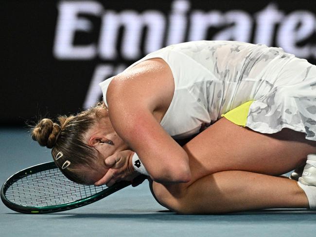 Russia's Anna Blinkova celebrates after victory against Kazakhstan's Elena Rybakina in their women's singles match on day five of the Australian Open tennis tournament in Melbourne on January 18, 2024. (Photo by Anthony WALLACE / AFP) / -- IMAGE RESTRICTED TO EDITORIAL USE - STRICTLY NO COMMERCIAL USE --