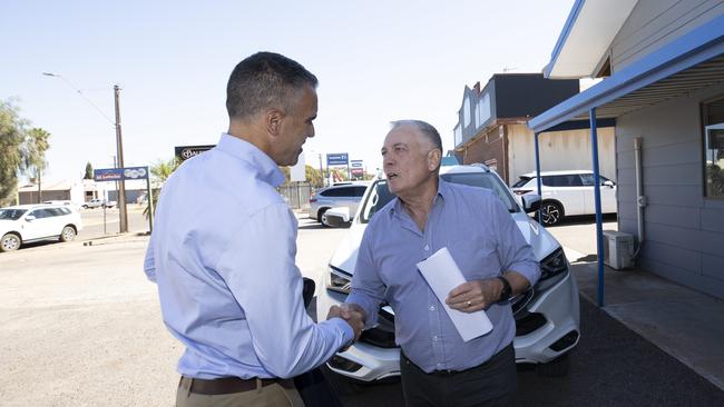 Premier Peter Malinauskas was in Whyalla for the meeting. Pictured with David Bruce from Whyalla Hose and Fitting Services. Picture: Brett Hartwig