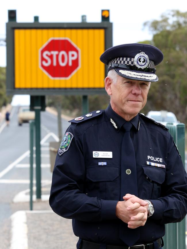 South Australian Police commissioner Grant Stevens pictured at the newly SAPOL-controlled Pinnaroo border quarantine station in March. Picture: AAP Image/Kelly Barnes.