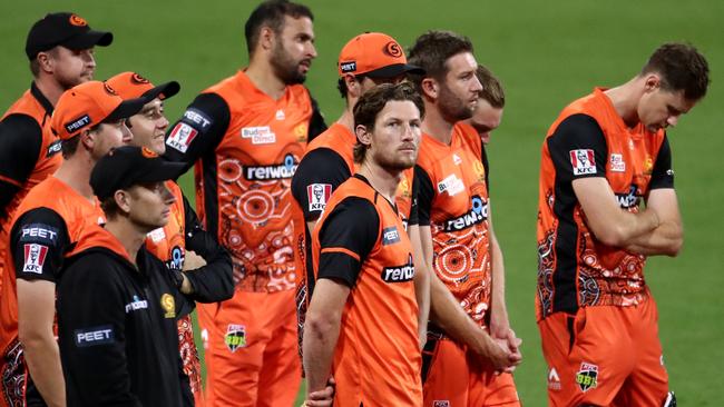 Dejected Perth Scorchers after coming up short in the final. Picture: Getty Images