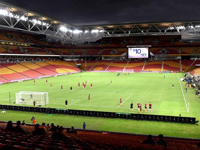 BRISBANE, AUSTRALIA - MARCH 13: A general view of the stadium taken shortly before kick off shows a low attendance due to the Coronavirus outbreak during the round 23 A-League match between the Brisbane Roar and the Central Coast Mariners at Suncorp Stadium on March 13, 2020 in Brisbane, Australia. (Photo by Bradley Kanaris/Getty Images)