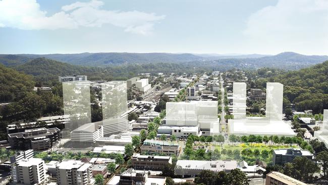 Artist impression of Gosford showing Kibble Park in relation to proposed buildings. Image: NSW Department of Planning