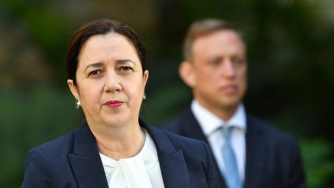 Queensland Premier Annastacia Palaszczuk and Health Minister Steven Miles at the Monday morning press conference. Picture: Darren England/AAP