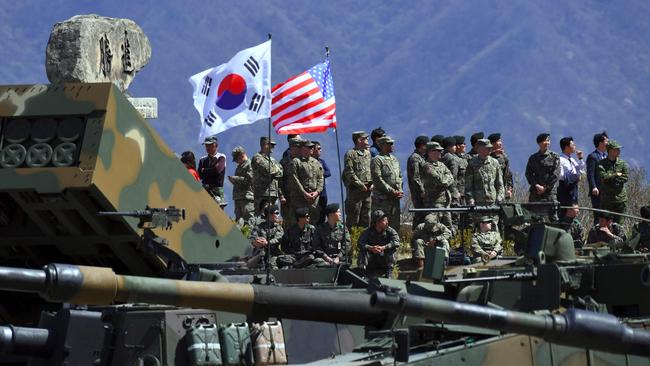 South Korean and US soldiers observe a joint live firing drill in 2017. Picture: AFP