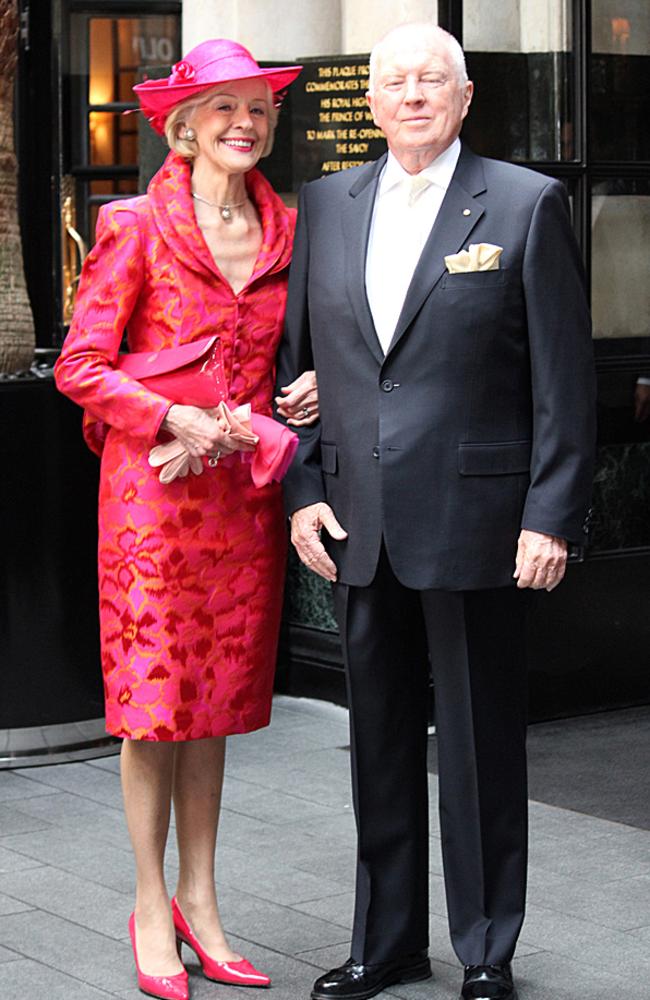 Australian Governor General Quentin Bryce with her husband Michael Bryce pose before the royal wedding in London. Picture: AAP Image/Australian Government House