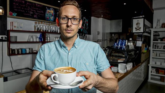  As well as being dog-friendly, Lakeview Espresso, Burleigh Waters was the 2018 winner of the Gold Coast’s Best Coffee. Owner Dylan Rackley offers a brew. Picture: Jerad Williams