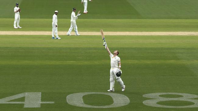 Steve Smith looks to the heavens after scoring a ton against India. Picture: Getty Images