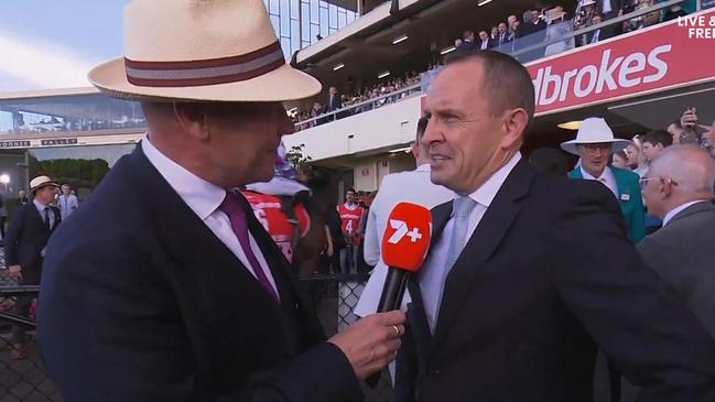 Chris Waller was emotional after the race. Photo: Channel 7