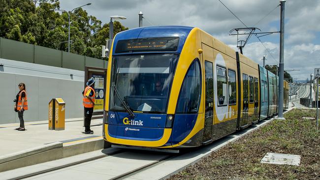 Opening morning of the Stage 2 of the Gold Coast light rail (g:link). The light rail tram at the Parkwood East Station. Picture: Jerad Williams