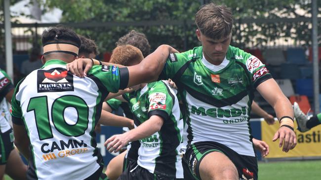 Townsville Blackhawks under-17 players Sitiveni Afu and Heath Bethel at the CQ Capras versus Townsville Blackhawks underage games, Browne Park, Rockhampton, on February 17, 2024.