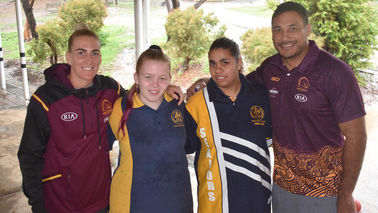 Brisbane Broncos player Ali Brigginshaw with Roma State College students Darcey Patterson and Rebecca Patch, and former Broncos player Justin Hodges.