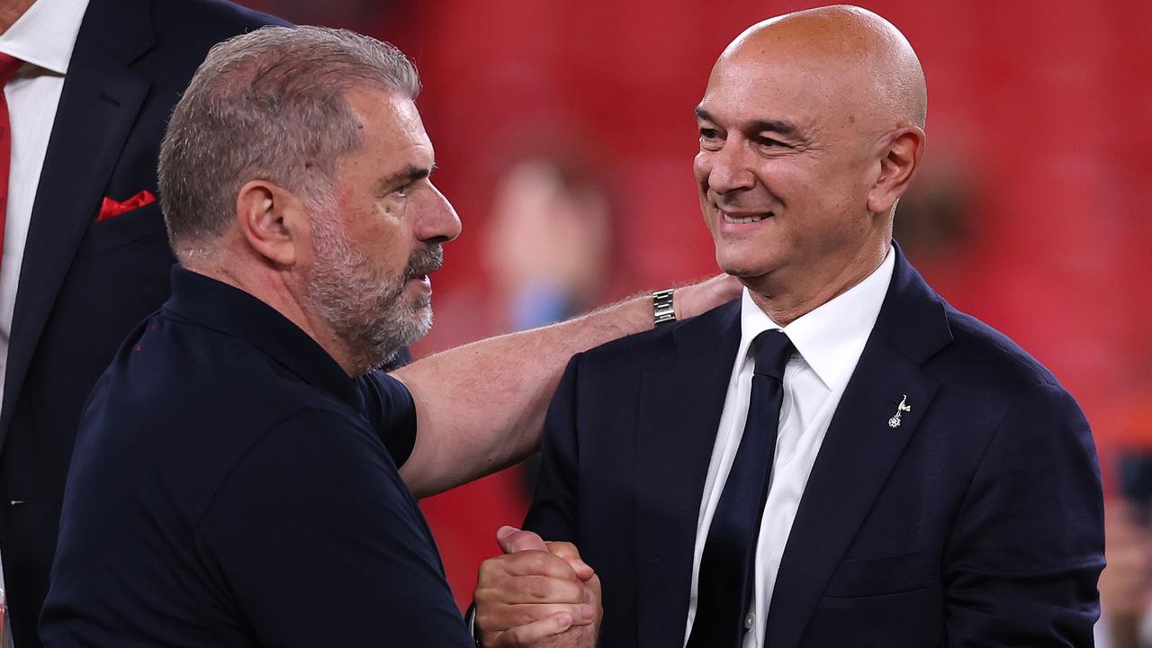 Daniel Levy, Chairman of Tottenham Hotspur, with Ange Postecoglou after the Europa League win. (Photo by Ryan Pierse/Getty Images)