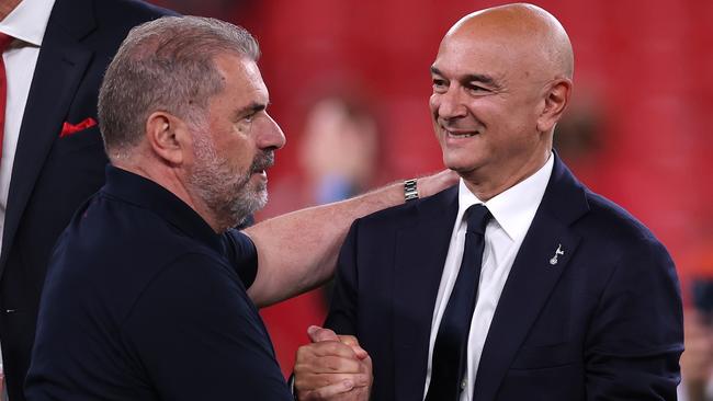 Daniel Levy, Chairman of Tottenham Hotspur, with Ange Postecoglou after the Europa League win. (Photo by Ryan Pierse/Getty Images)