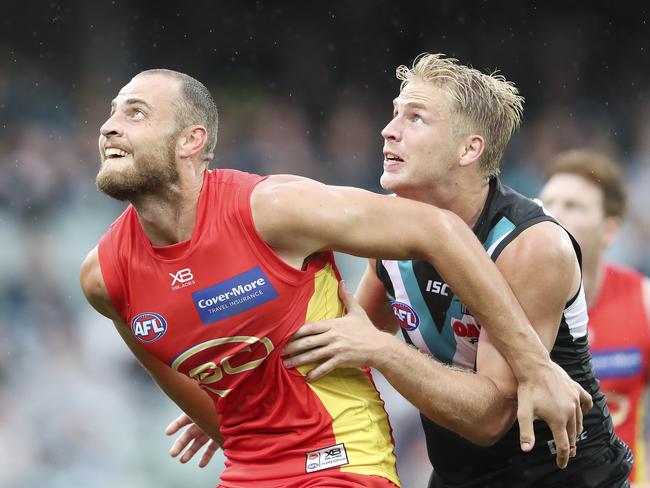 Port Adelaide v Gold Coast Suns at The Adelaide Oval. Jarrod Witts and Billy Frampton. Picture SARAH REED