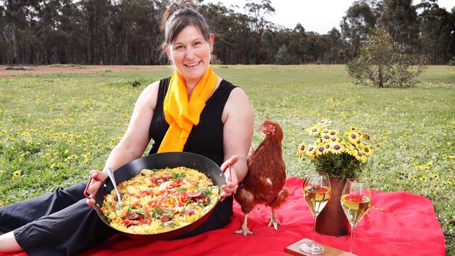 Perfect paella: Rosie Pamic at her off-grid saffron farm, Squirrel Gully in Dunolly in central Victoria. Picture Rebecca Michael.