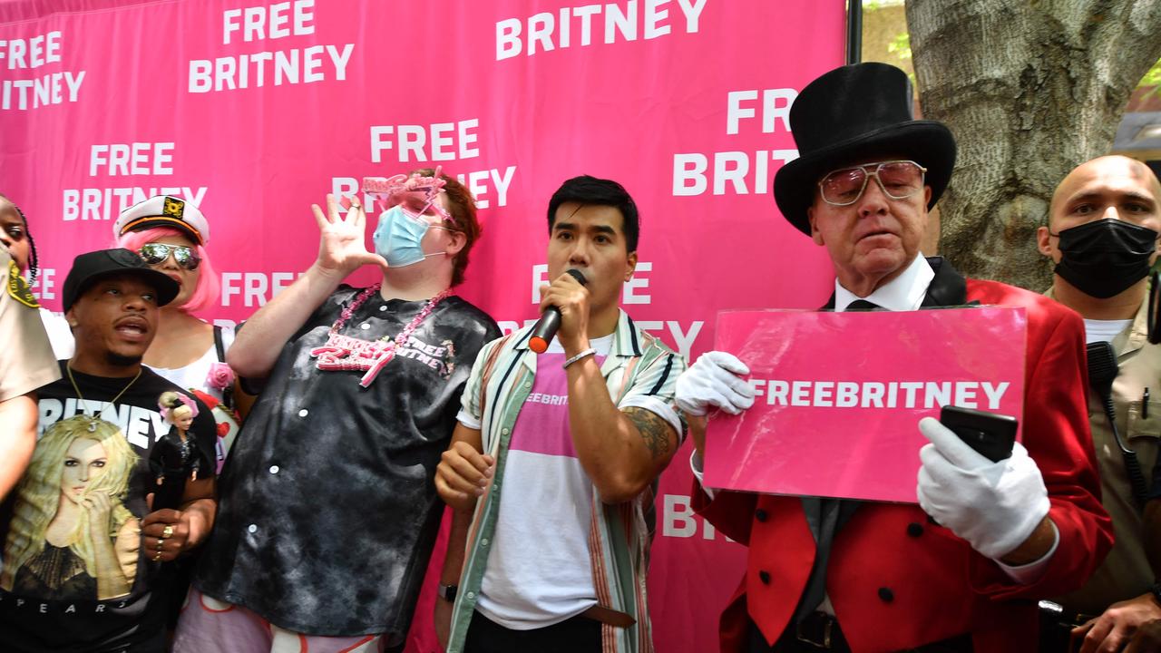 Fans gather outside Britney’s court hearing today. Picture: AFP