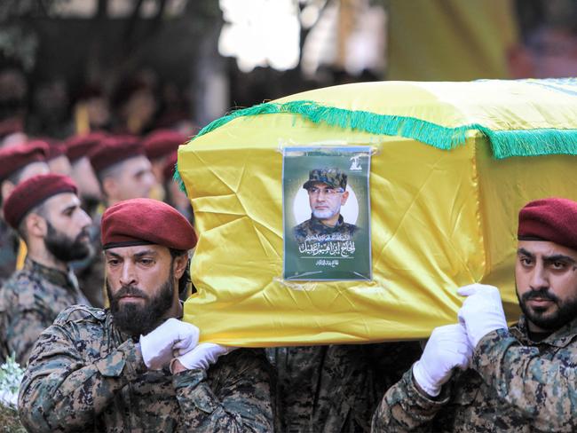 A funeral was held for senior Hezbollah commander Ibrahim Aqil killed in an Israeli strike on Friday. Picture: AFP