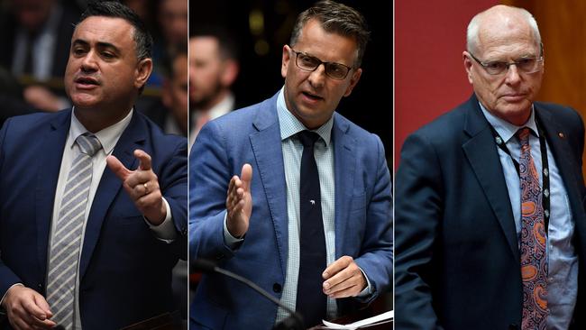 A composite image shows, from left, possible contenders for Kelly’s vacant seat NSW Deputy Premier John Barilaro, NSW Minister for Transport and Infrastructure Andrew Constance and Liberal Senator Jim Molan. Pictures: AAP