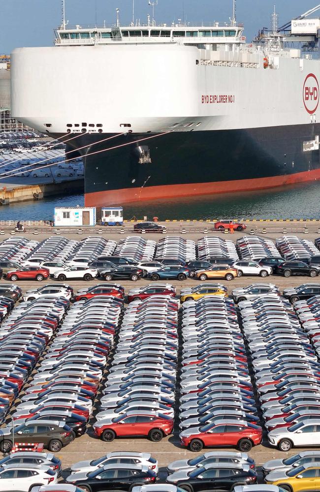 Electric cars for export waiting to be loaded on the BYD Explorer NO. 1, a domestically manufactured vessel intended to export Chinese cars. Picture: AFP