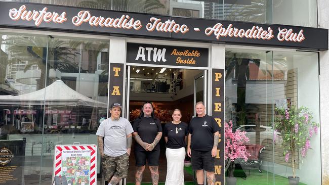 Nate Lavell (tattoo artist), Kangi (piercer), Lena Radcliffe (hair braiding specialist), Fred Hopkinson (laser tech) in front of Surfers Paradise Tattoo. Picture: Georgina Noack