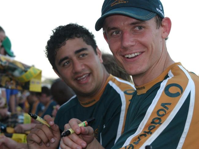 Former Wallabies Morgan Turinui and Stephen Larkham in Darwin ahead of the 2003 World Cup. Photo: Wallabies Media Unit