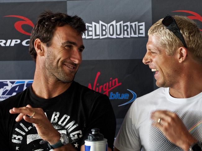 2009 ASP runner-up Joel Parkinson (Coolangatta, QLD) and reigning ASP World Champion Mick Fanning (Tweed Heads, NSW) sharing a laugh during the Rip Curl Pro Bells Beach press conference. The two surfers are currently lying fifth and ninth places respectively on the ASP World Tour rankings going into this event, the second stop on the 2010 ASP World Tour. Image Credit: ASP/ Kirstin Scholtz