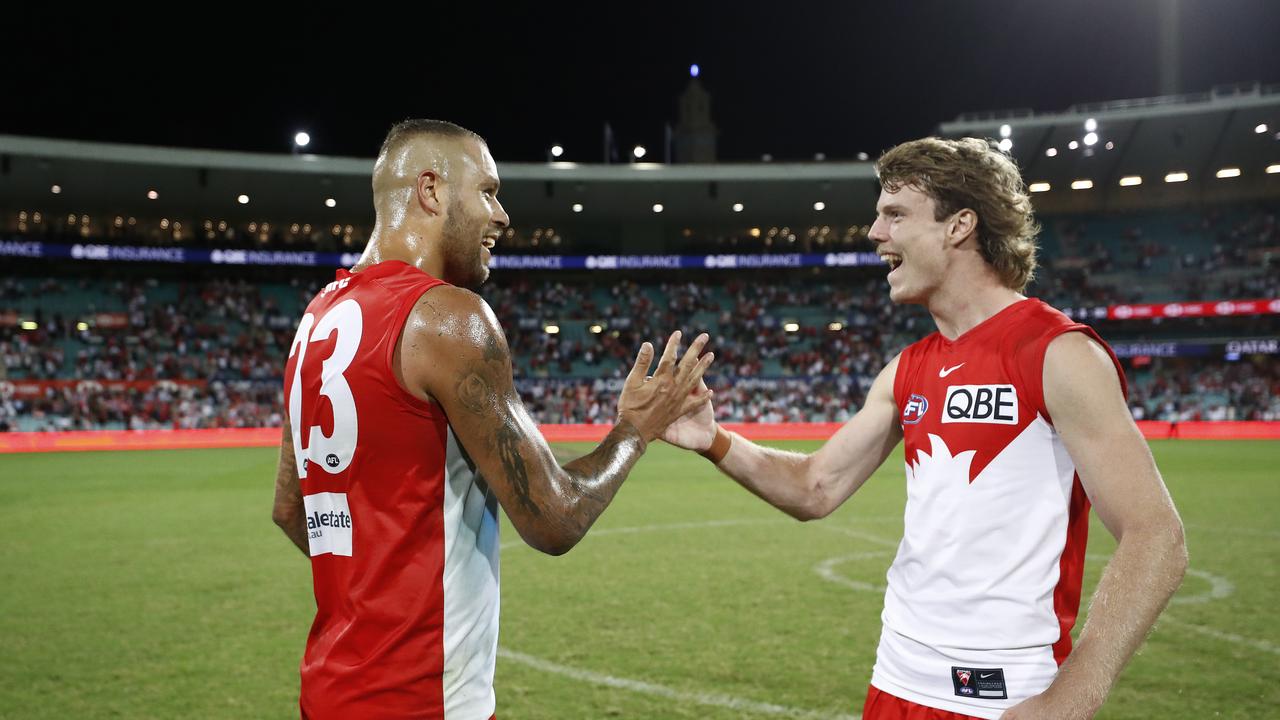 Lance Franklin and Nick Blakey celebrate the win post-game. Picture: Getty Images