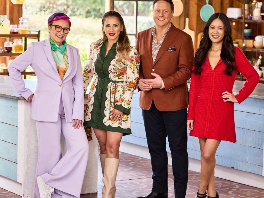 Great Australian Bake Off judges Rachel Khoo and Darren Purchese with hosts Natalie Tran and the late Cal Wilson.