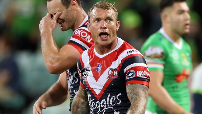 SYDNEY, AUSTRALIA - OCTOBER 09: Jake Friend of the Roosters reacts during the NRL Semi Final match between the Sydney Roosters and the Canberra Raiders at the Sydney Cricket Ground on October 09, 2020 in Sydney, Australia. (Photo by Mark Kolbe/Getty Images)