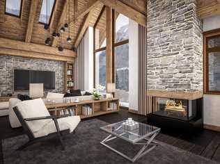 A contemporary interior and fireplace that takes advantage of skylights and big windows. Picture: Korisbo