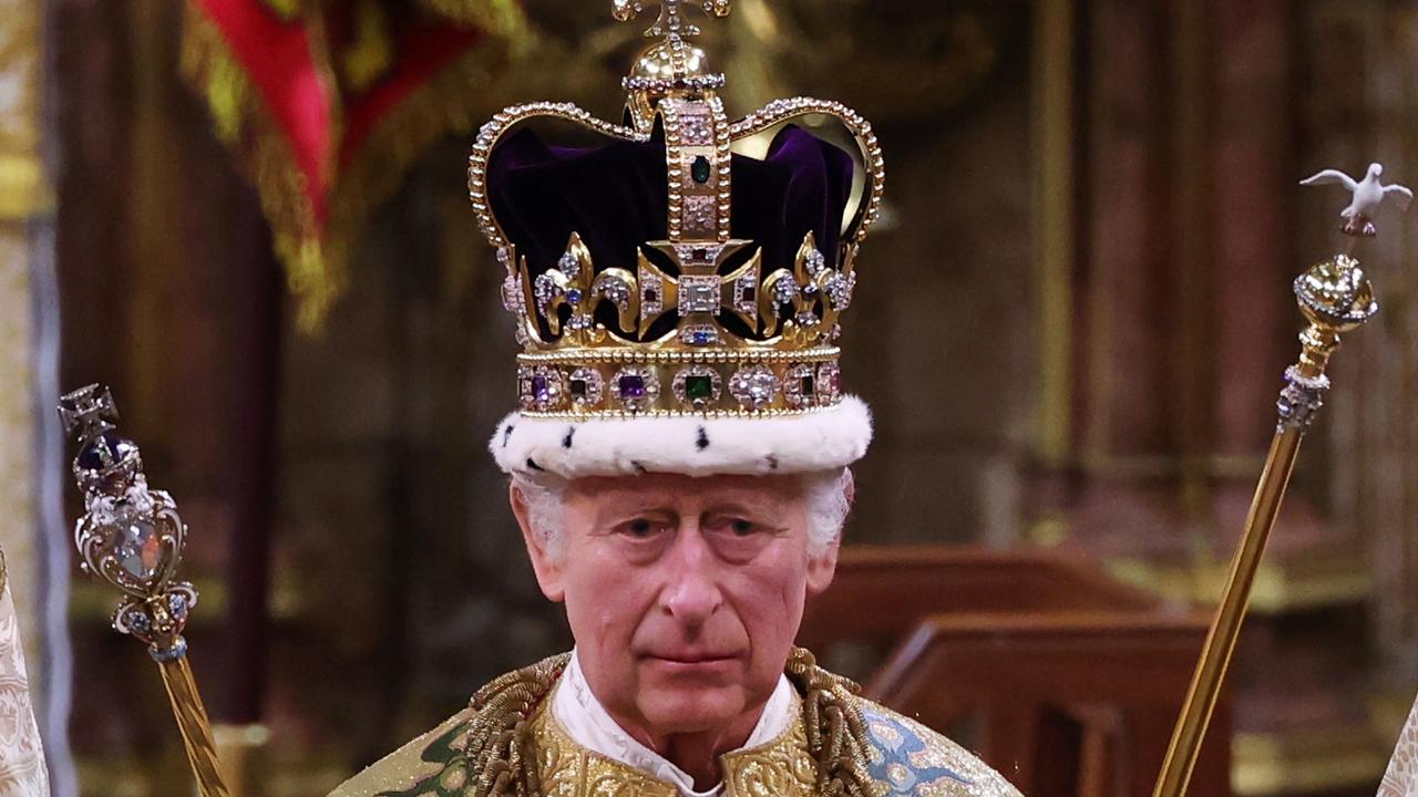 King Charles III stands after being crowned during his coronation ceremony in Westminster Abbey. Picture: Getty Images