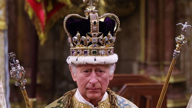 King Charles III stands after being crowned during his coronation ceremony in Westminster Abbey. Picture: Getty Images