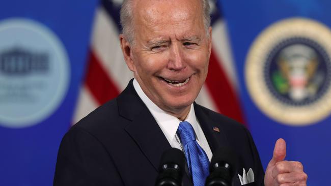 President Joe Biden speaks during an event with the CEOs of Johnson &amp; Johnson and Merck in Washington.