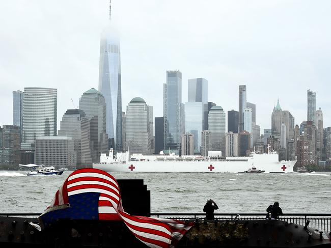 The USNS Comfort left New York on a cold and drizzly day. Picture: Getty Images/AFP