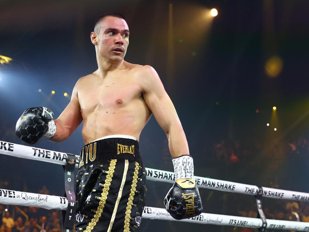 Tim Tszyu reacts in his fight with Carlos Ocampo during the WBO Iterim Super-Welterwight title bout at Gold Coast Convention and Entertainment Centre. Picture: Chris Hyde/Getty Images.