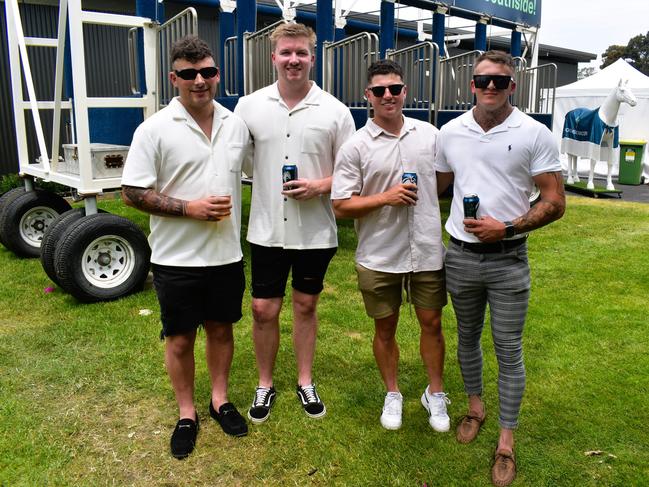 Jackson McCallum, Jackson Prvulj, Josh Wynen and Tahj Kensley enjoying all the action at the Ladbrokes Cranbourne Cup on Saturday, November 23, 2024. Picture: Jack Colantuono