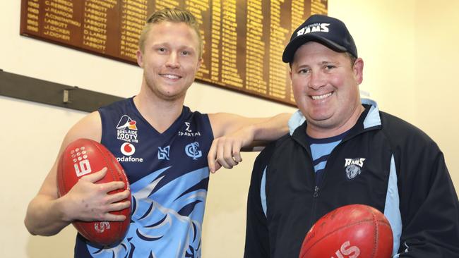 Captain, now coach Andy Read and the outgoing John Cunningham pictured before Glenunga’s 2019 grand final. Picture: Dean Martin