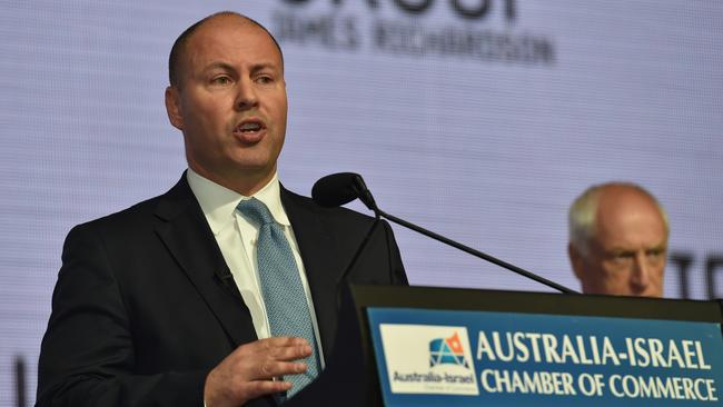 Treasurer Josh Frydenberg speaks at the Australia Israel Chamber of Commerce lunch in Melbourne on Wednesday. Picture: Nicki Connolly