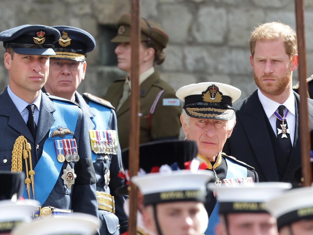 Prince William, Prince of Wales, King Charles III and Prince Harry, Duke of Sussex watch the coffin of HM Queen Elizabeth during The State Funeral Of Queen Elizabeth II at Westminster Abbey on September 19, 2022 in London, England. Picture: Chris Jackson/Getty Images