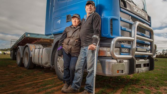 Third-generation farmers Sandy and Steven Wilksch at Wednesday’s hay drop in Eudunda. Picture: Brad Fleet