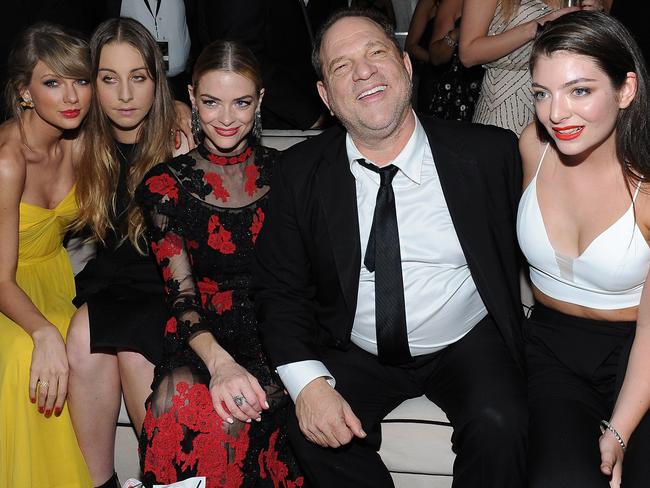 (L-R) Taylor Swift, Este Haim, Jaime King, Harvey Weinstein and Lorde attend The Weinstein Company &amp; Netflix's 2015 Golden Globes After Party in 2015. Picture: Getty Images